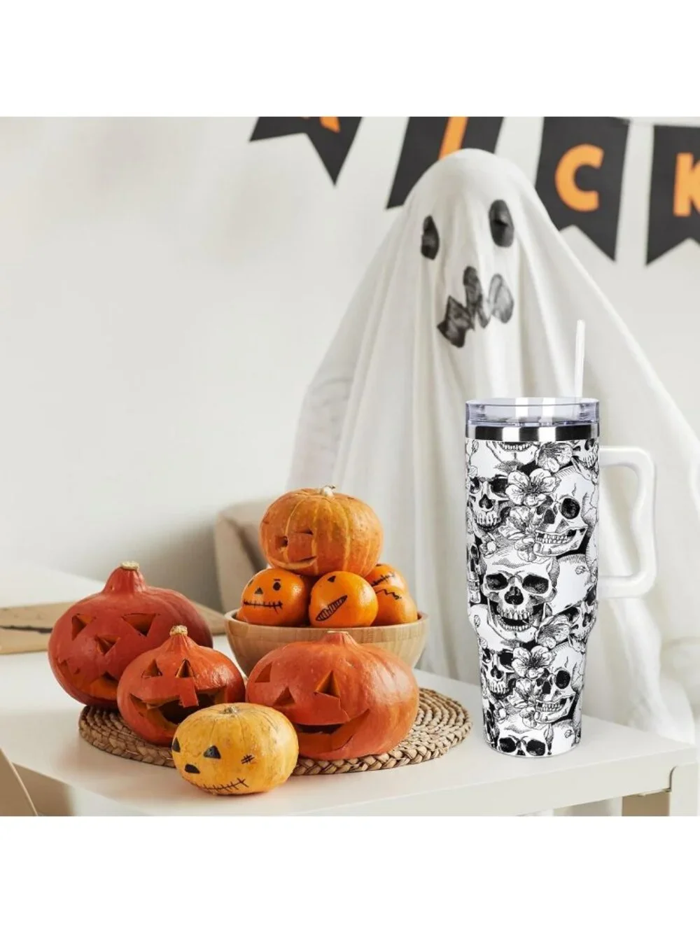 Spooky Skull 40oz Tumbler with Straw & Lid | Halloween Travel Coffee Cup, Gifts
